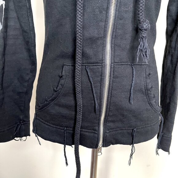 RARE Lauren Moshi Drama Face Hoodie Size XS Black Fringe Cotton Goth Distressed - Picture 4 of 16